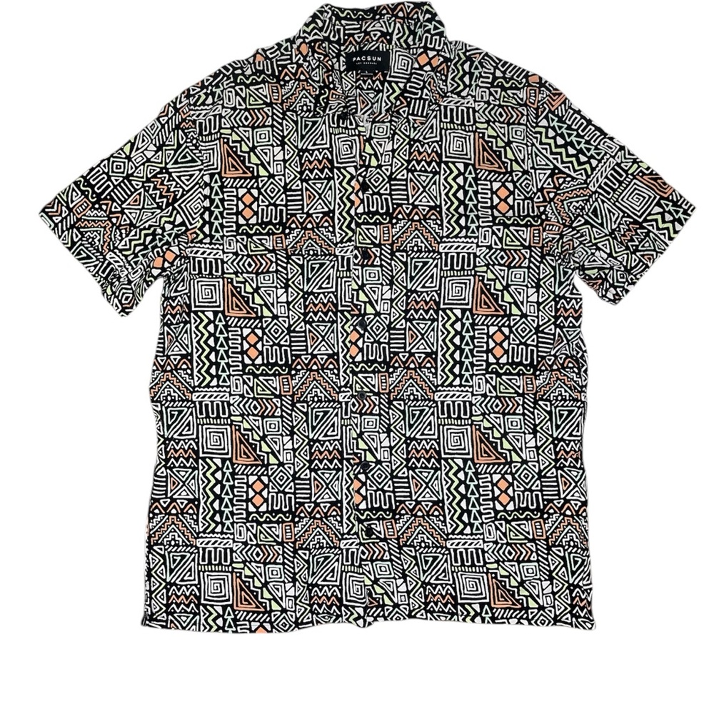 PacSun Geometric Patterned Black & White Button-Up Short Sleeve Collared Shirt L